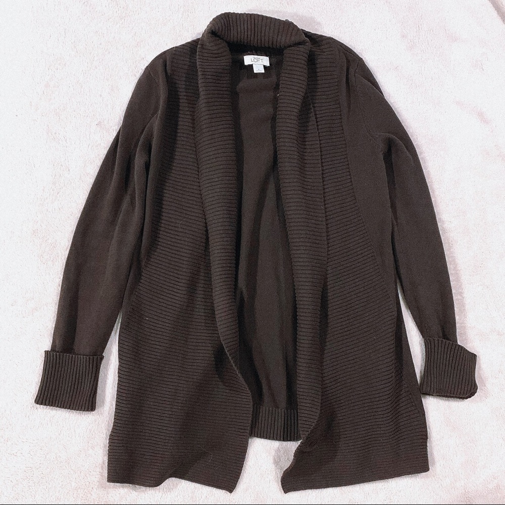LOFT | Brown Ribbed Open Front Cardigan - Picture 2 of 4